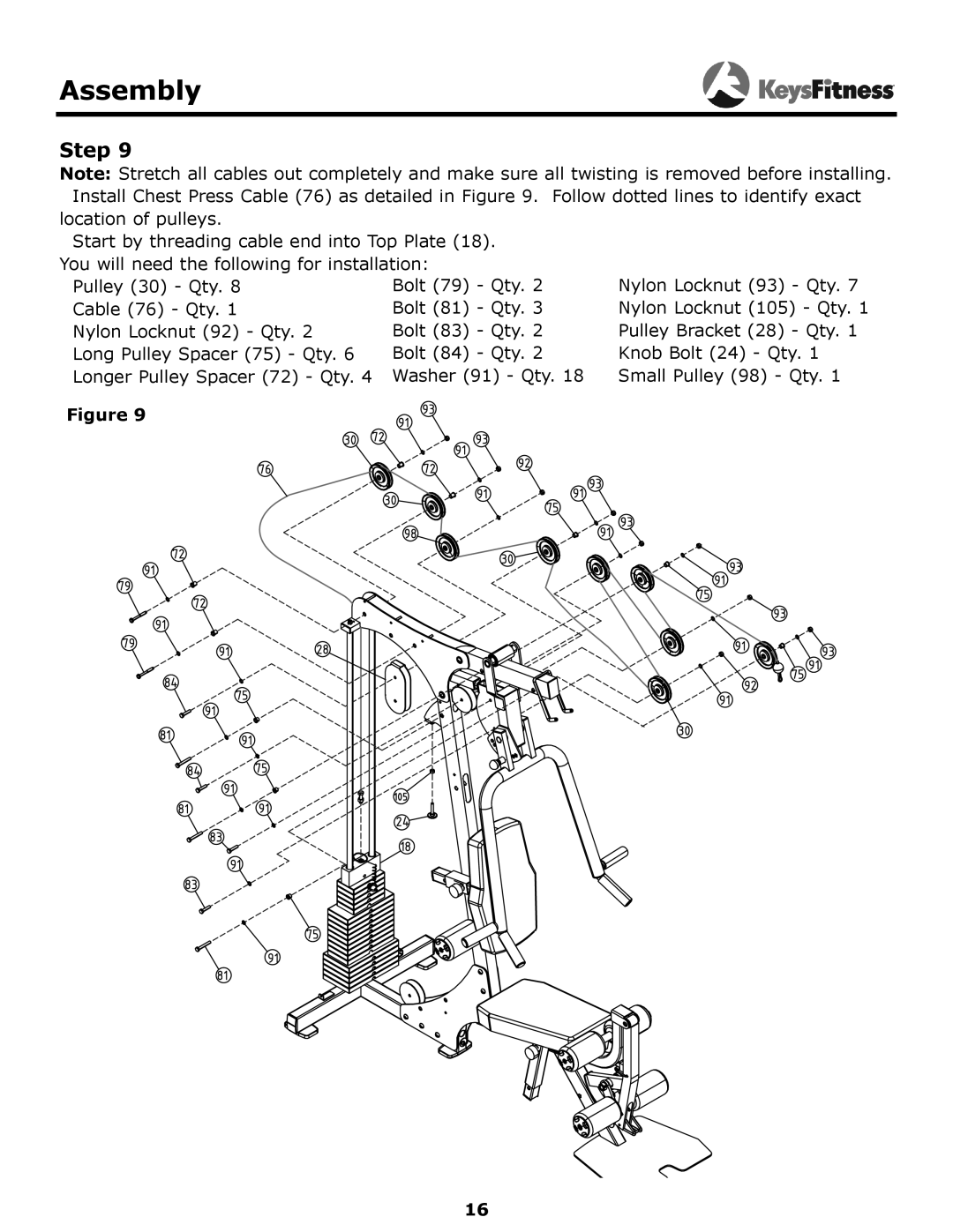 Keys Fitness KF-1560 owner manual Assembly, Step, location of pulleys 