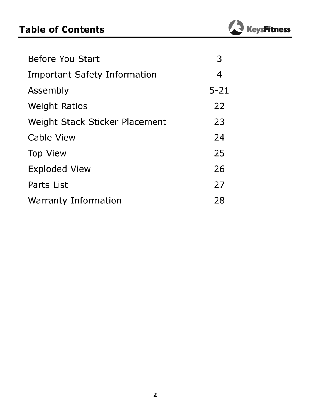 Keys Fitness KF-1560 owner manual Table of Contents 