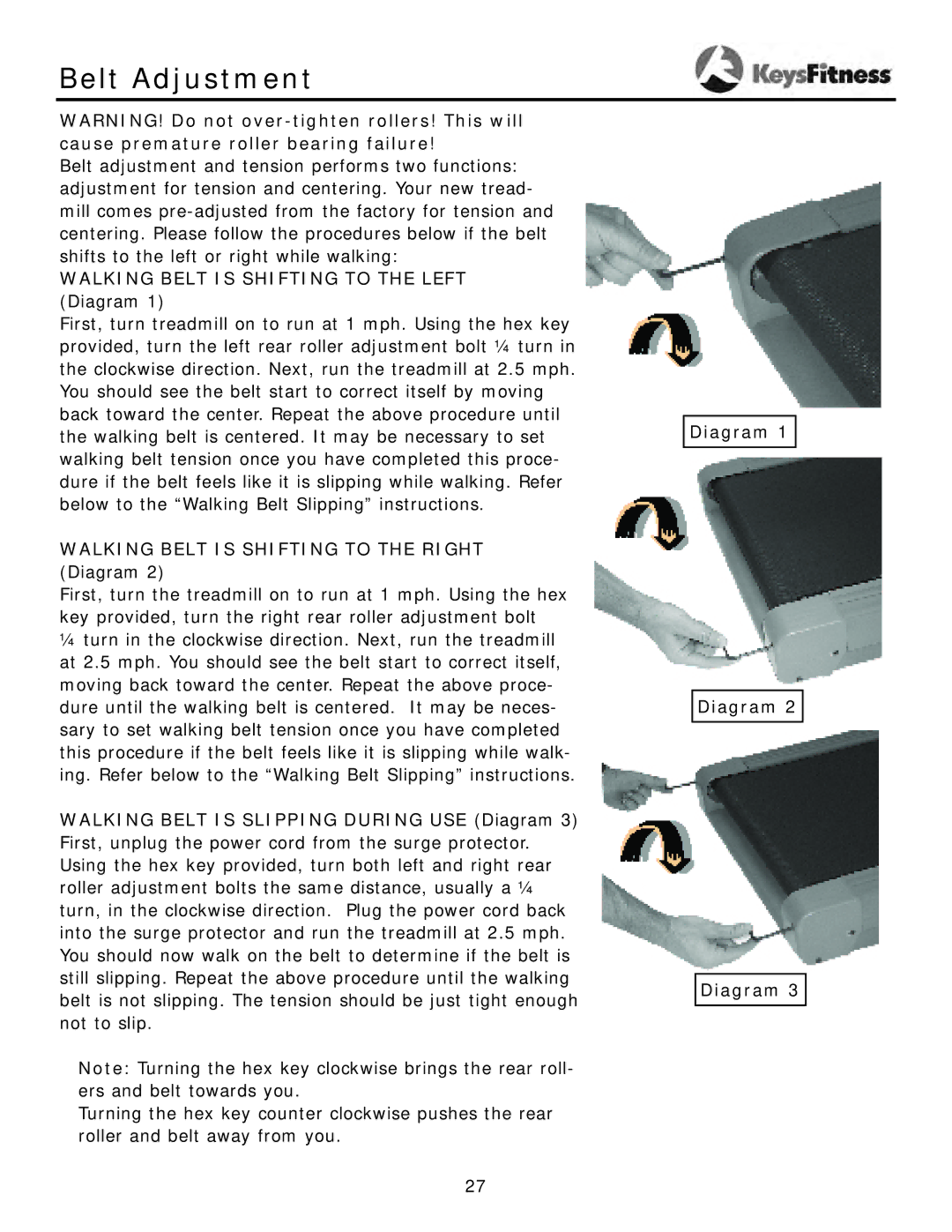 Keys Fitness KF-2-5T owner manual Belt Adjustment, Walking Belt is Shifting to the Left Diagram 