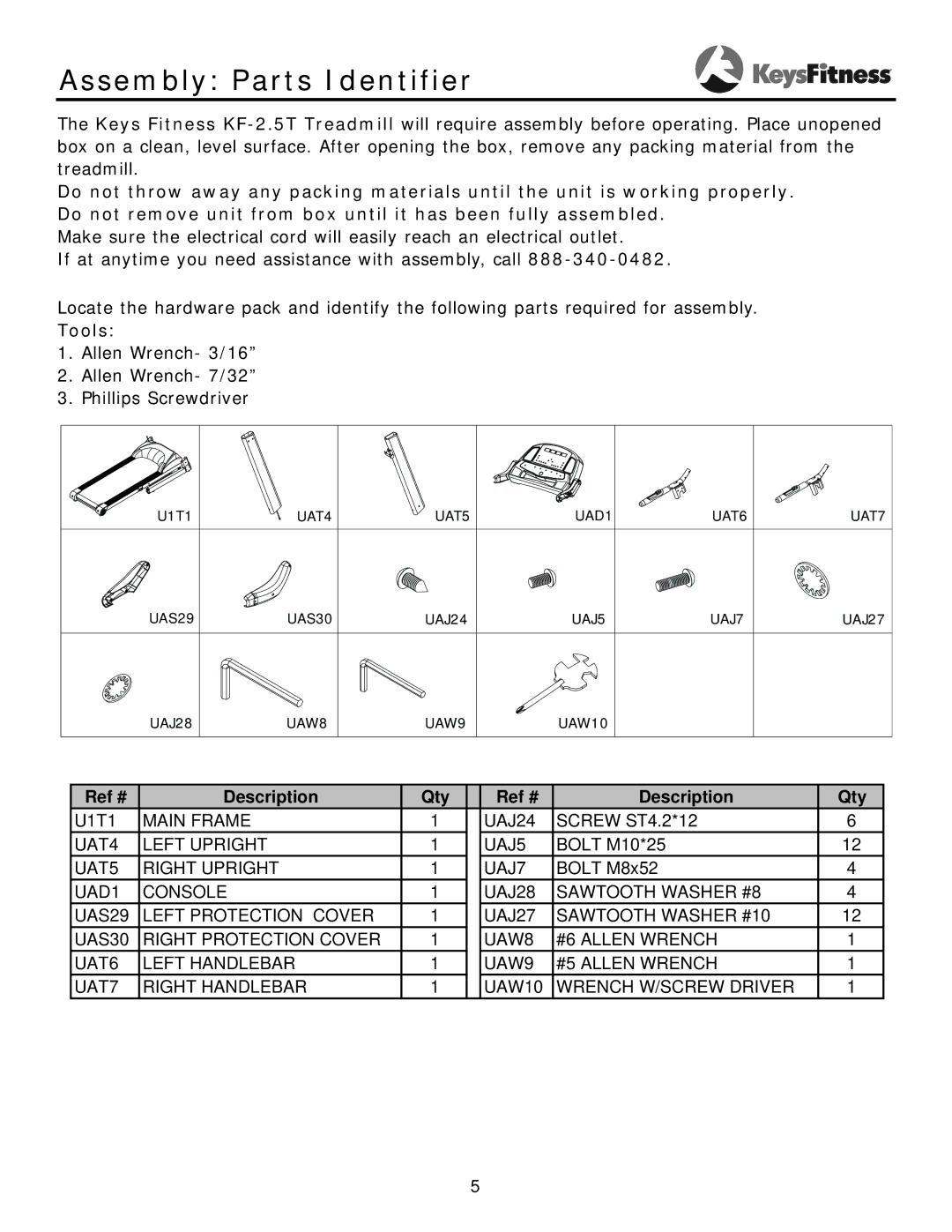 Keys Fitness KF-2-5T owner manual Assembly Parts Identifier, Tools 