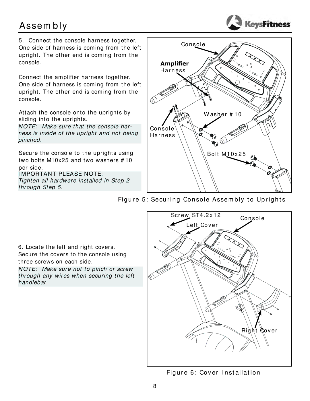 Keys Fitness KF-2-5T owner manual Securing Console Assembly to Uprights, Important Please Note 