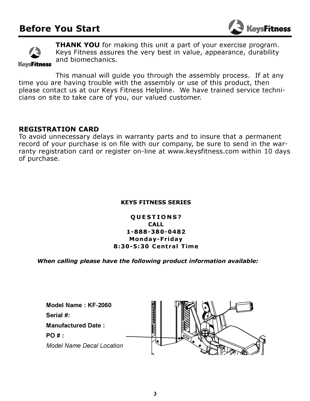 Keys Fitness KF-2060 owner manual Before You Start, Registration Card 