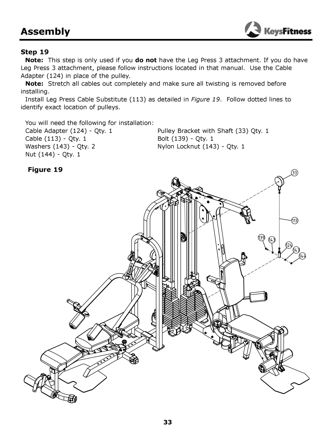 Keys Fitness KF-2060 owner manual Pulley Bracket with Shaft 33 Qty 