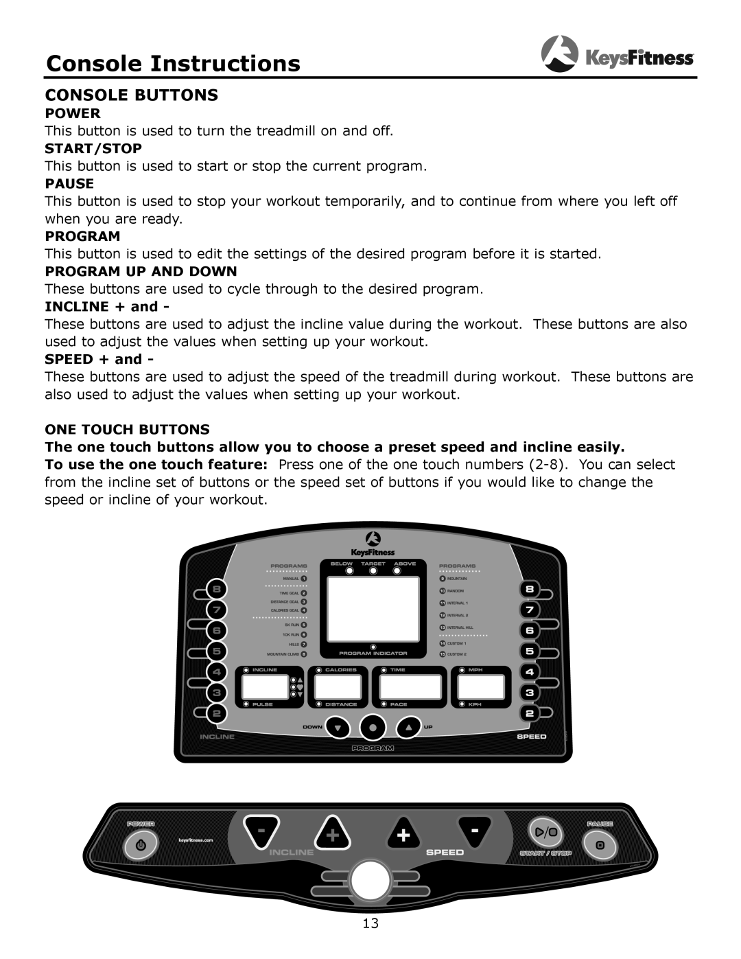 Keys Fitness KF-3.0T owner manual Console Buttons 