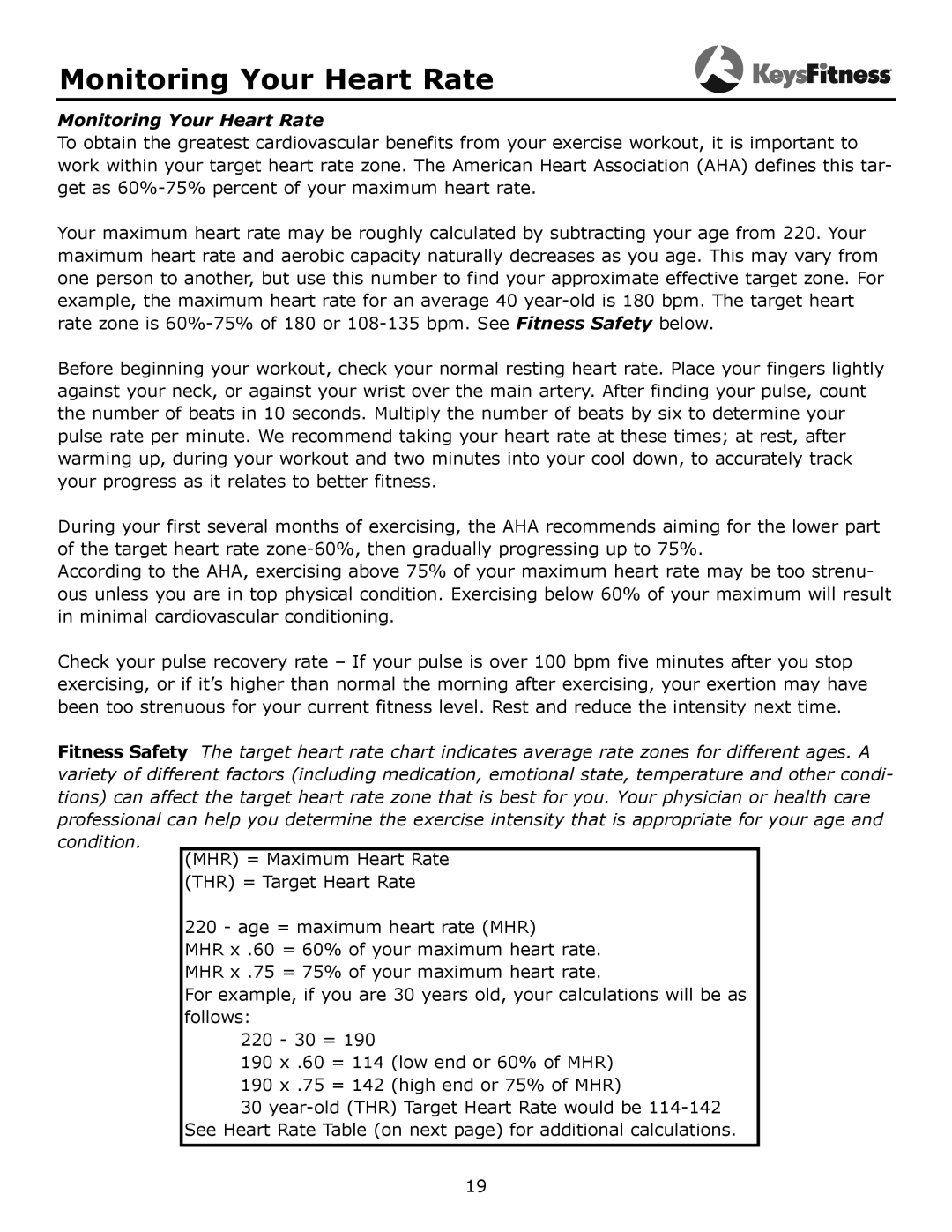 Keys Fitness KF-3.0T owner manual Monitoring Your Heart Rate 