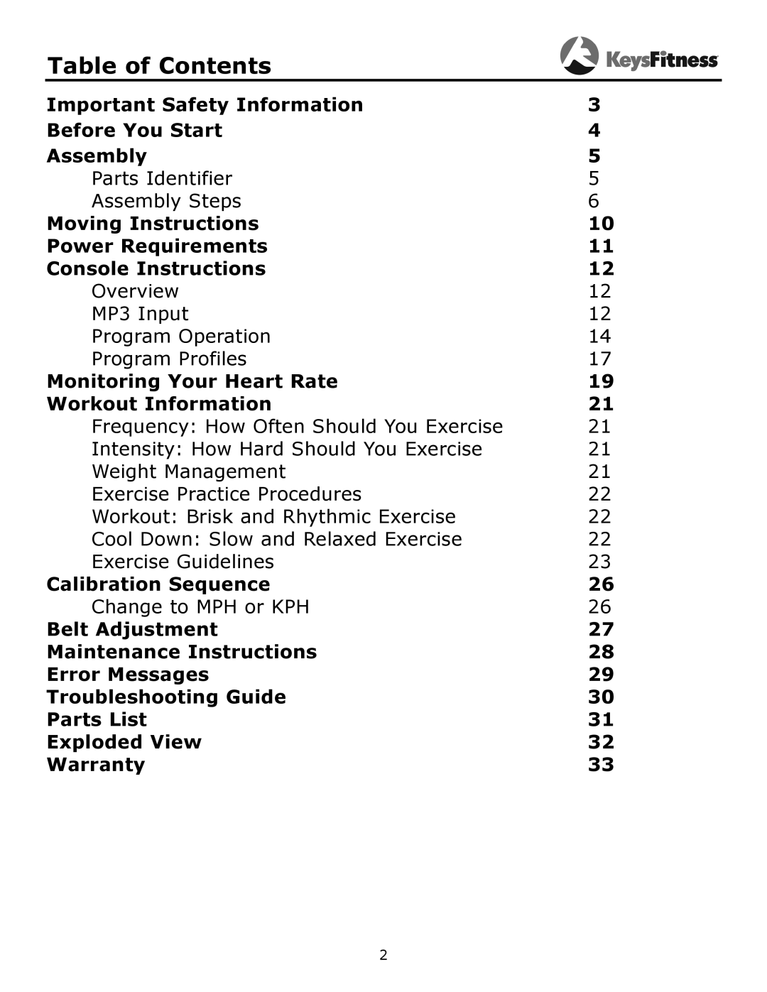 Keys Fitness KF-3.0T owner manual Table of Contents 