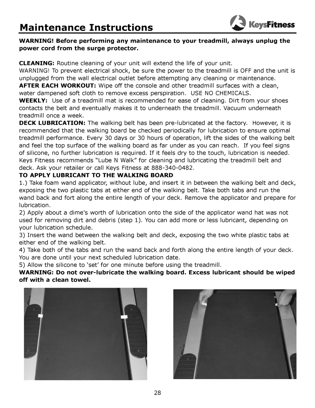 Keys Fitness KF-3.0T owner manual Maintenance Instructions, To Apply Lubricant to the Walking Board 