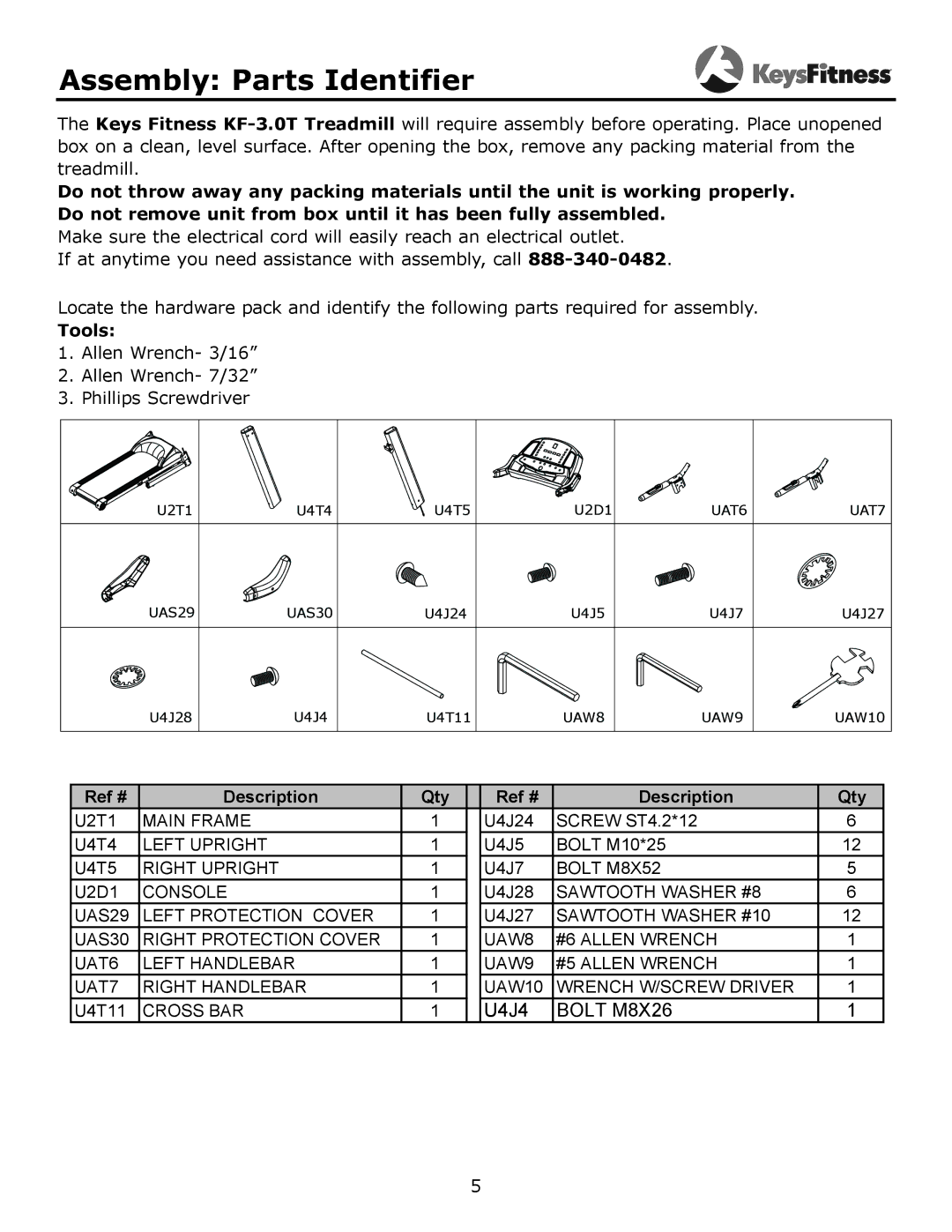 Keys Fitness KF-3.0T owner manual Assembly Parts Identifier, Tools 