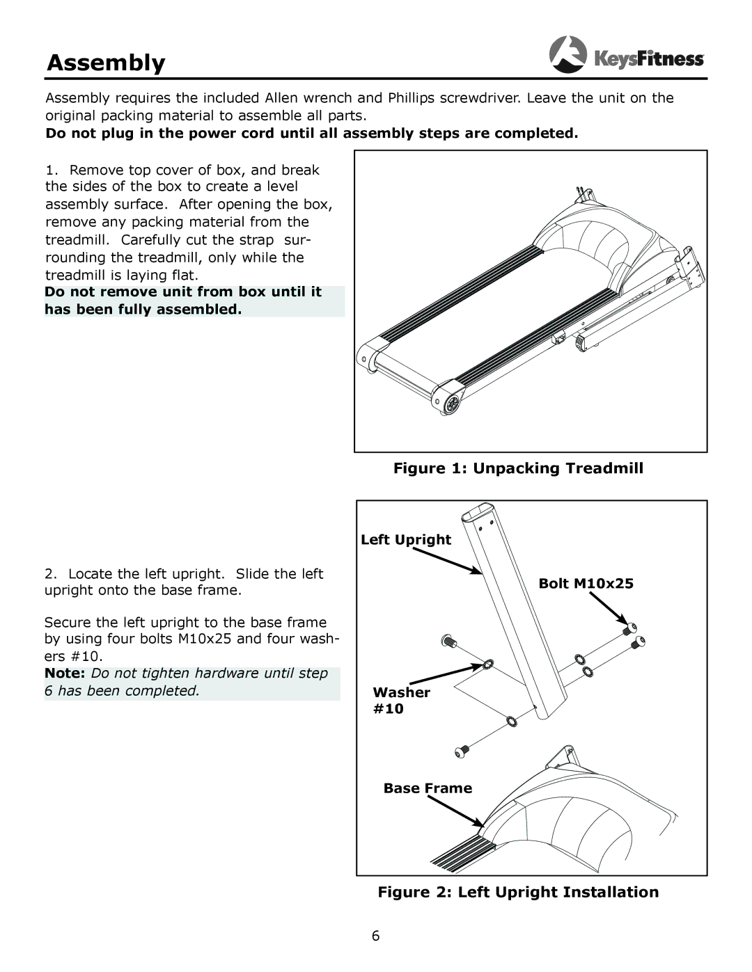 Keys Fitness KF-3.0T owner manual Assembly, Unpacking Treadmill 