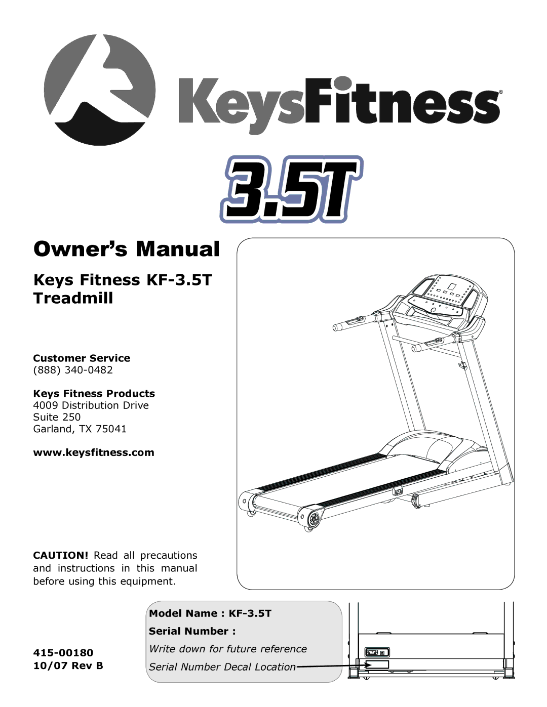 Keys Fitness owner manual Keys Fitness KF-3.5T Treadmill 