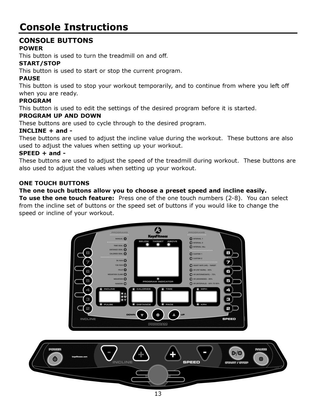 Keys Fitness KF-3.5T owner manual Console Buttons 