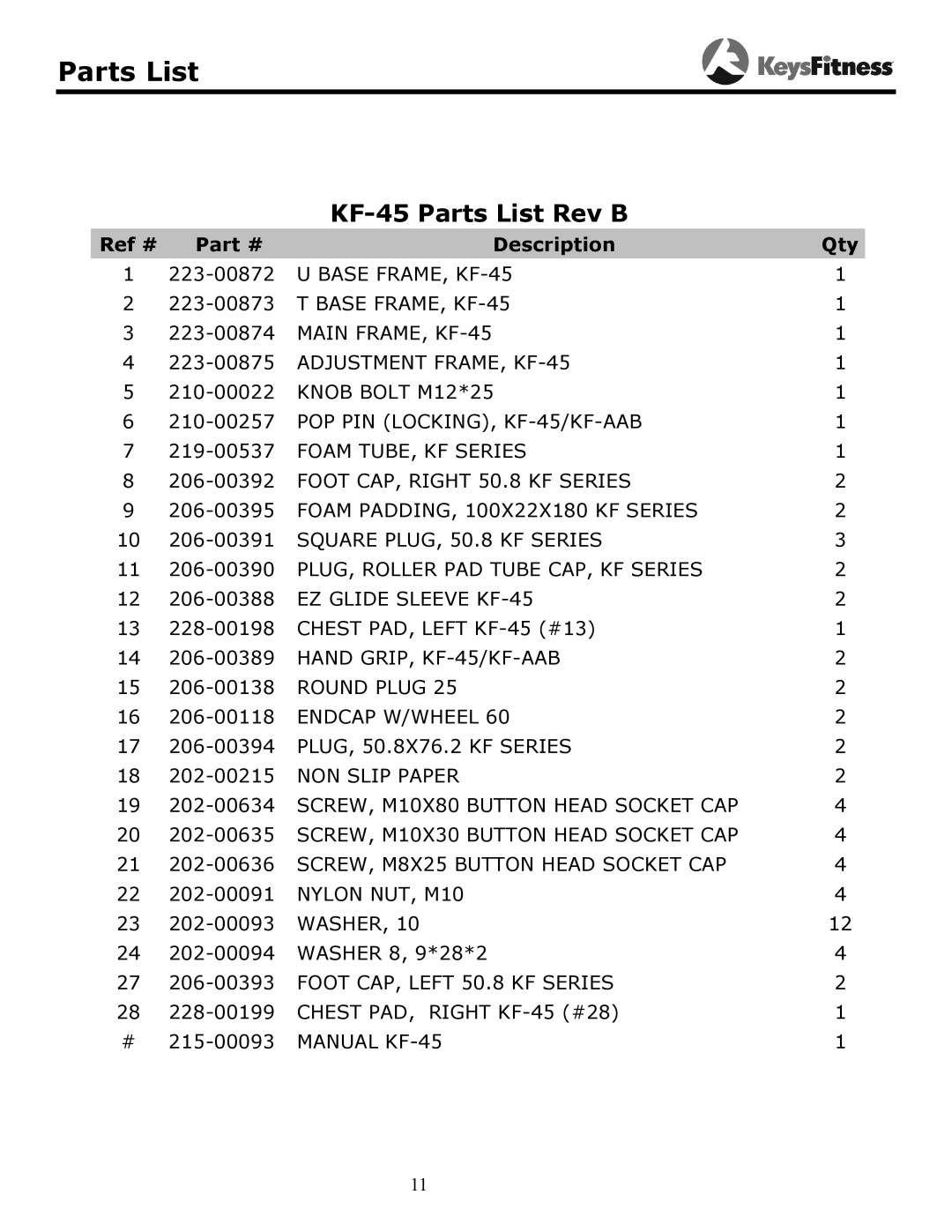 Keys Fitness owner manual KF-45 Parts List Rev B 