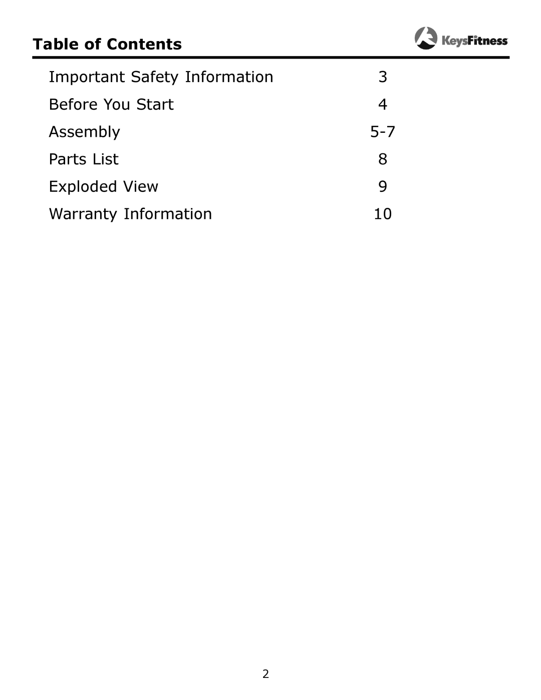 Keys Fitness KF-AAB owner manual Table of Contents 