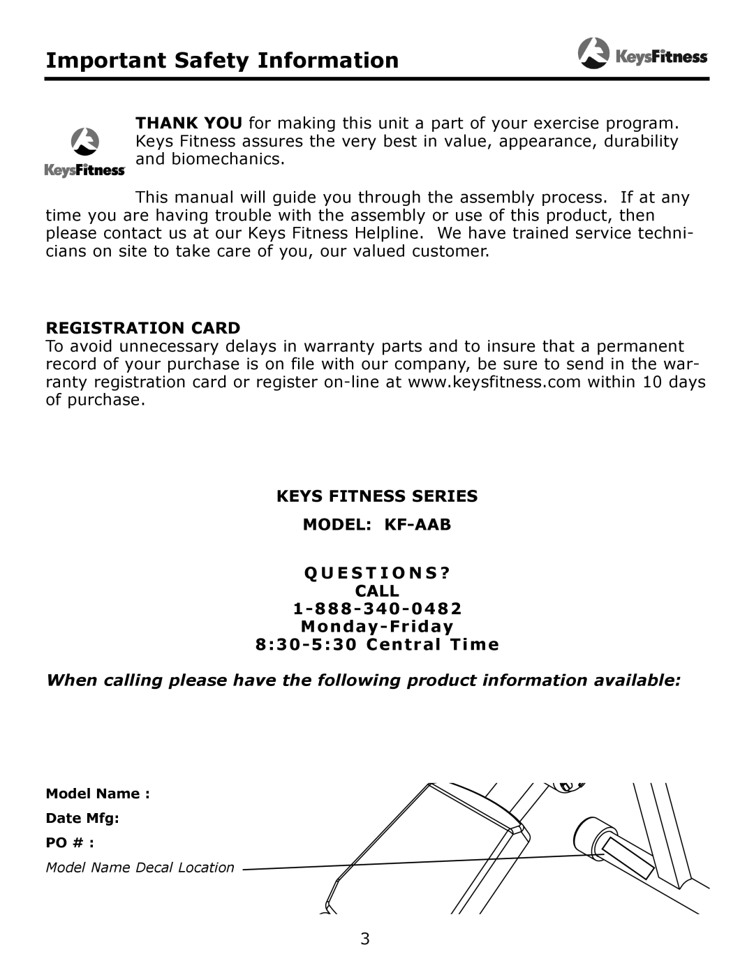 Keys Fitness KF-AAB owner manual Important Safety Information 