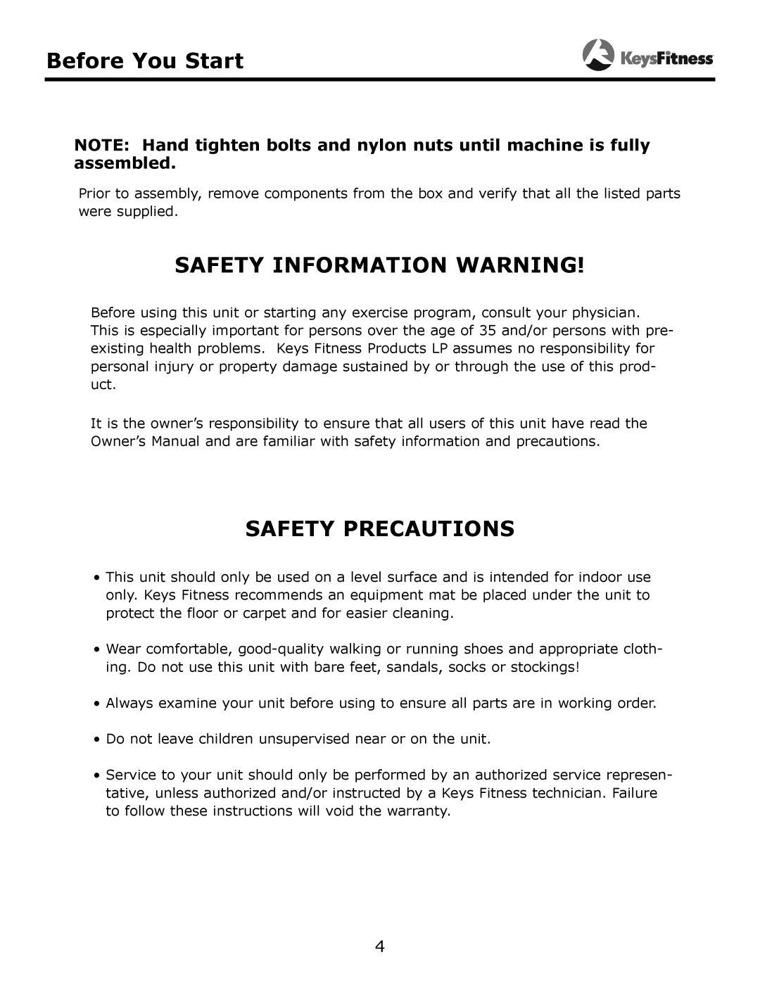 Keys Fitness KF-AAB owner manual Before You Start, Safety Information Warning 