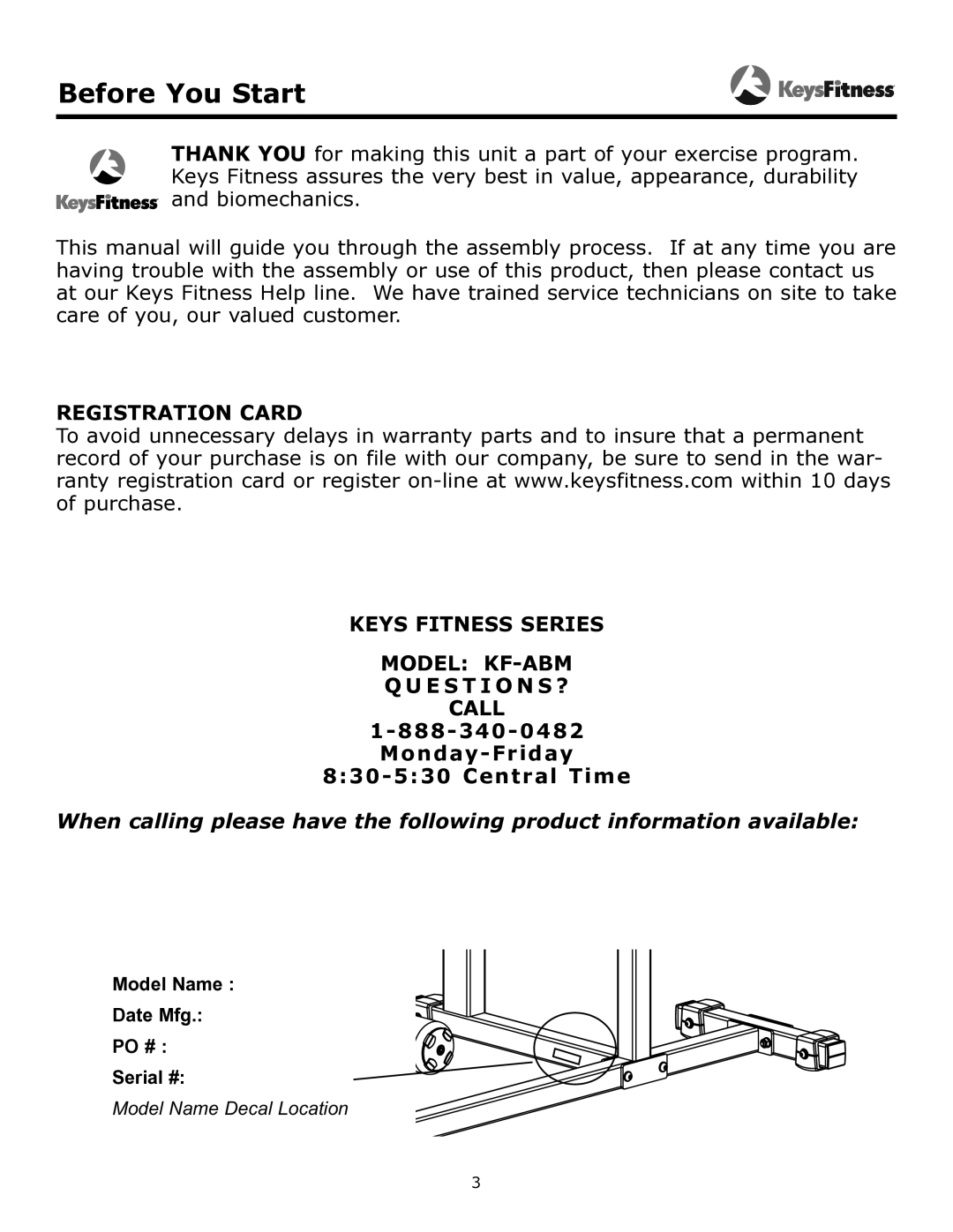 Keys Fitness KF-ABM owner manual Before You Start 