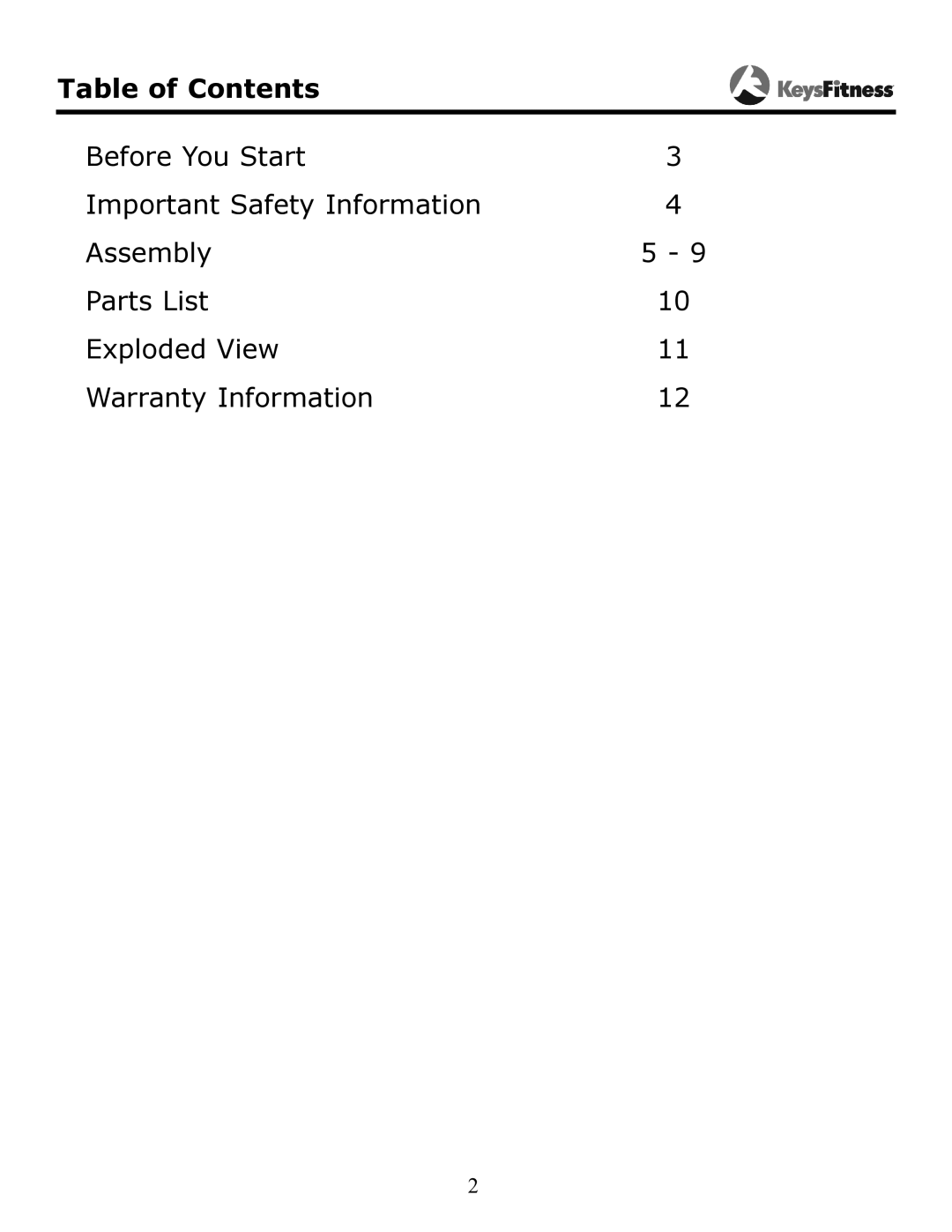 Keys Fitness KF-AC owner manual Table of Contents 