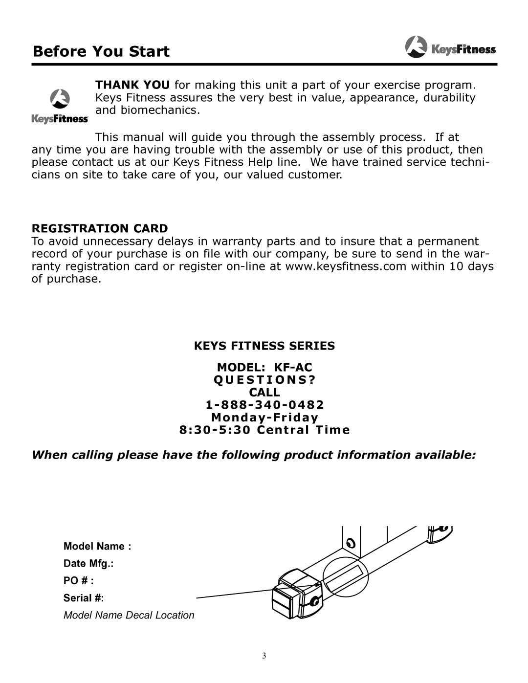 Keys Fitness KF-AC owner manual Before You Start 