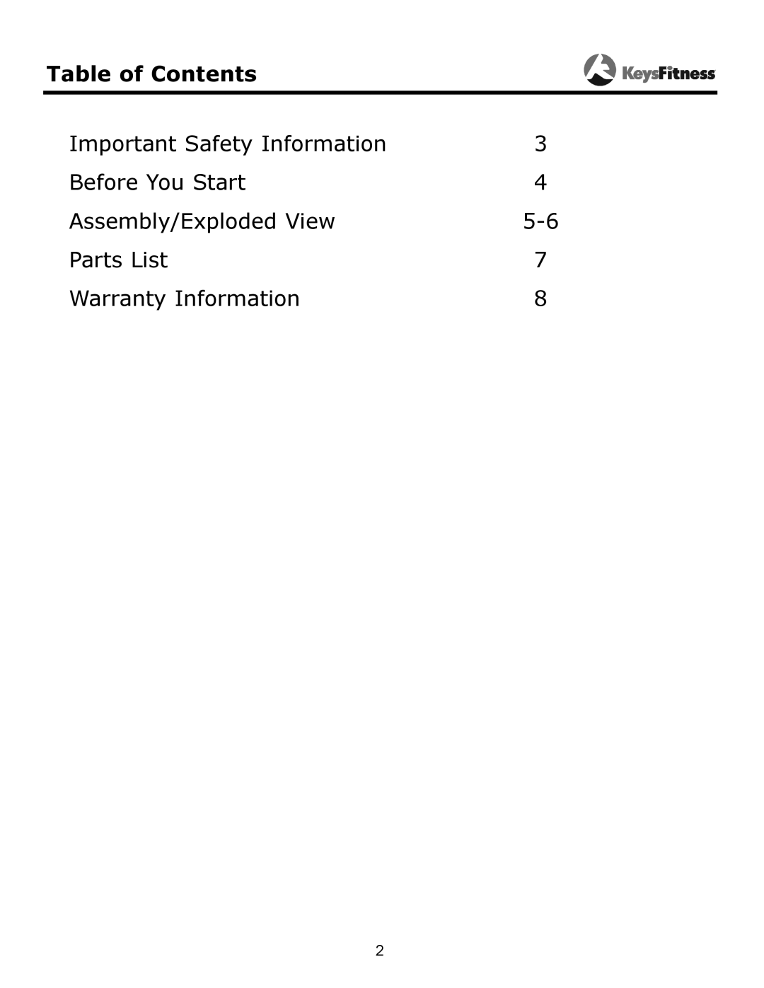 Keys Fitness KF-ARMA owner manual Table of Contents 