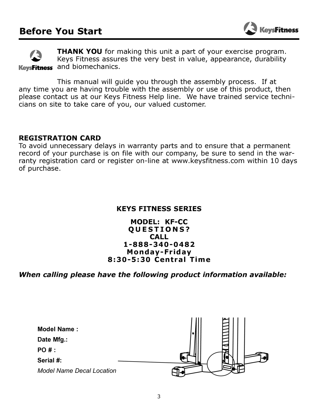 Keys Fitness KF-CC owner manual Before You Start 