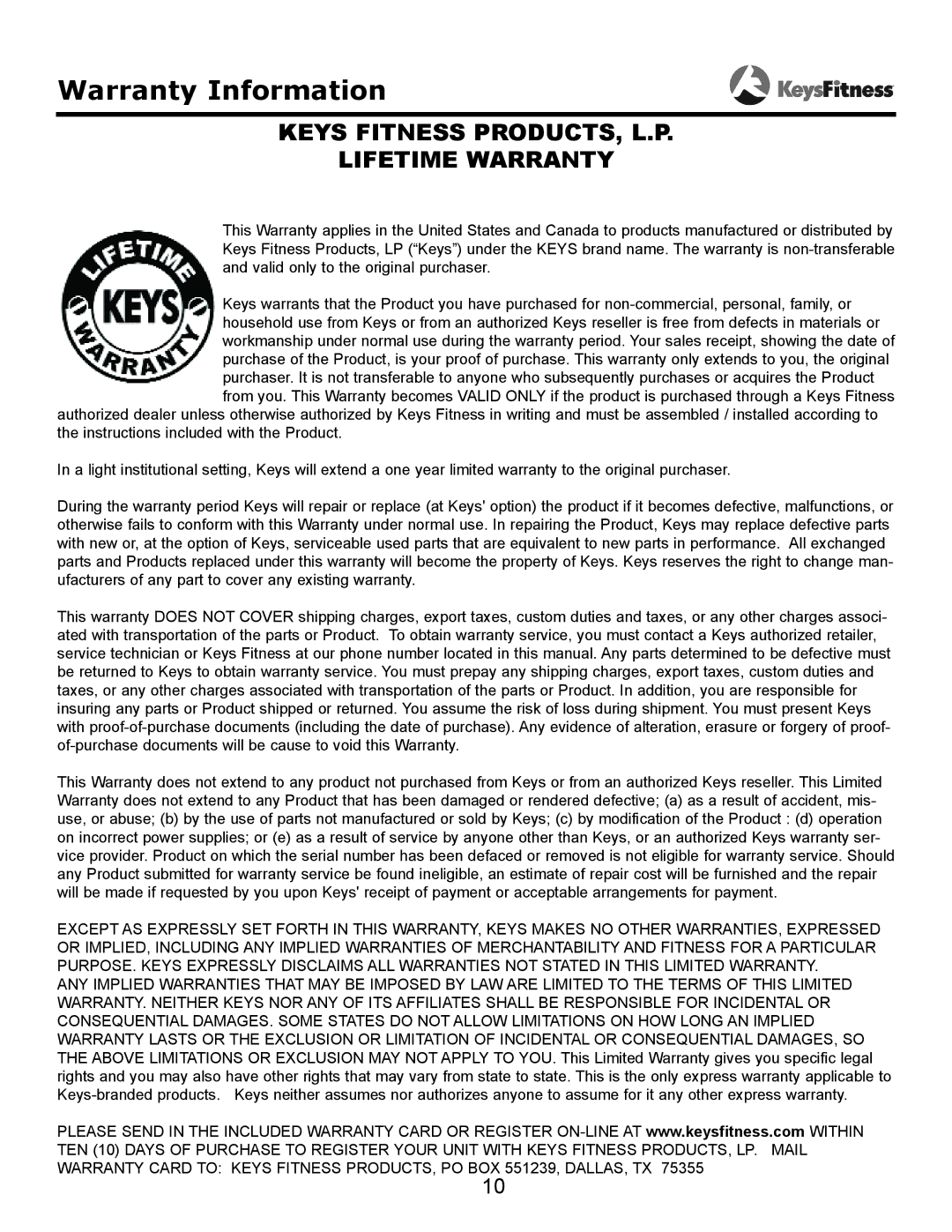 Keys Fitness KF-CR owner manual Warranty Information, Keys Fitness PRODUCTS, L.P Lifetime Warranty 