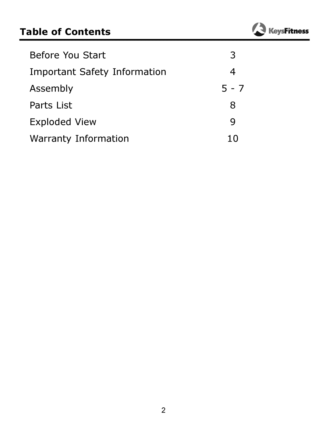 Keys Fitness KF-CR owner manual Table of Contents 