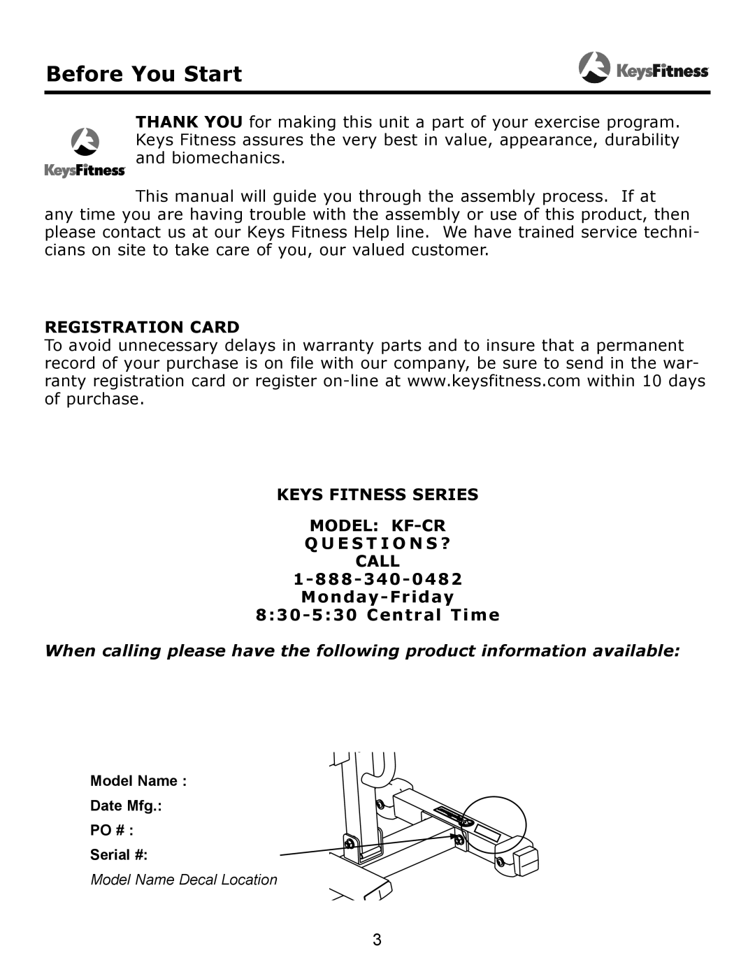 Keys Fitness KF-CR owner manual Before You Start 