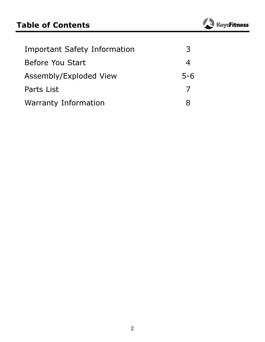 Keys Fitness KF-DB3 owner manual Table of Contents 