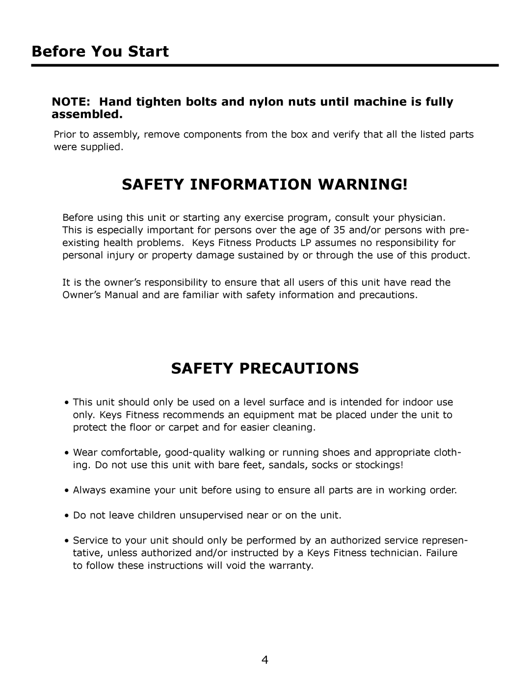 Keys Fitness KF-DB3 owner manual Before You Start, Safety Information Warning 