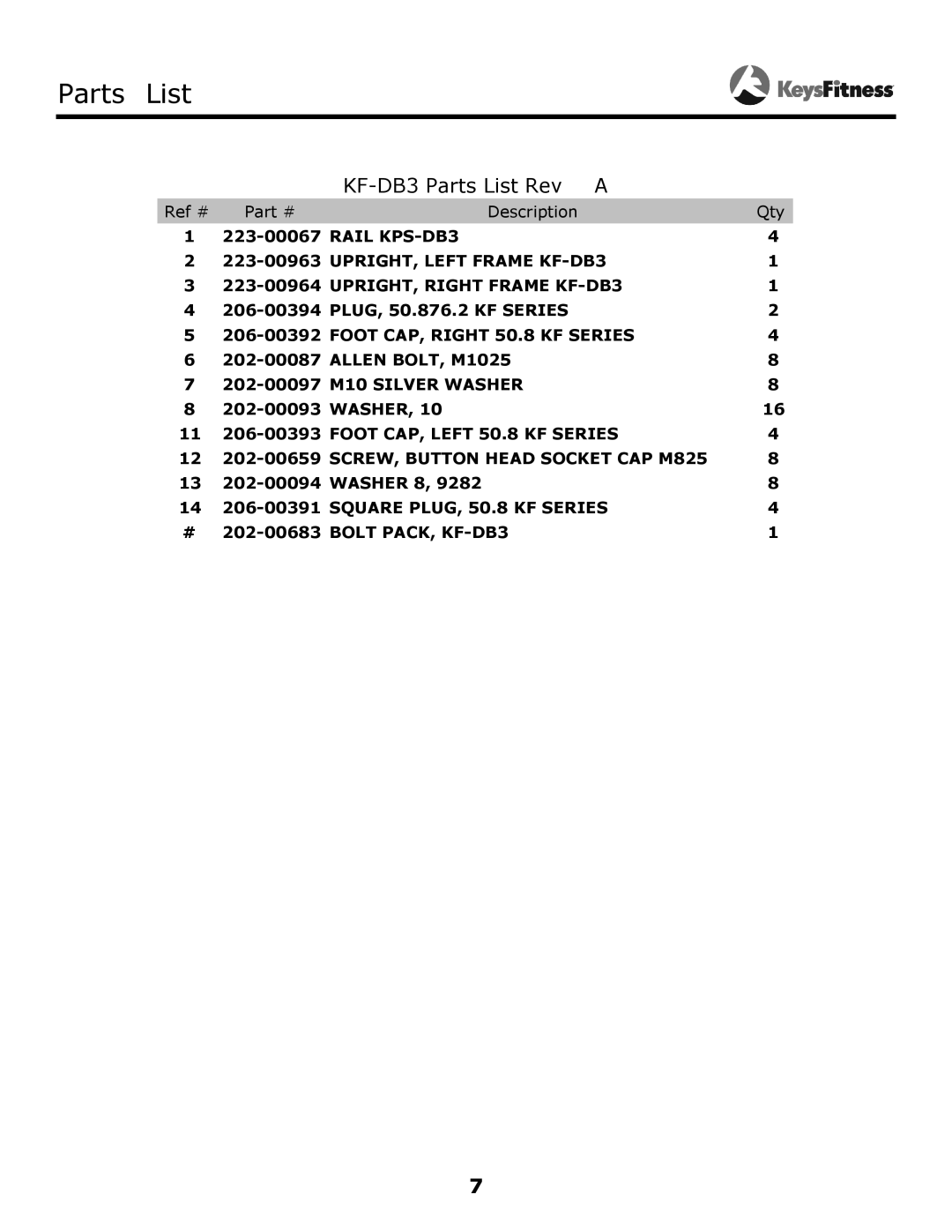 Keys Fitness KF-DB3 owner manual Parts List, KF-dB3 Parts list Rev a 