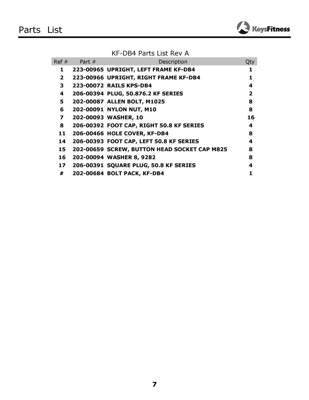 Keys Fitness KF-DB4 owner manual Parts List, KF-dB4 Parts list Rev a 