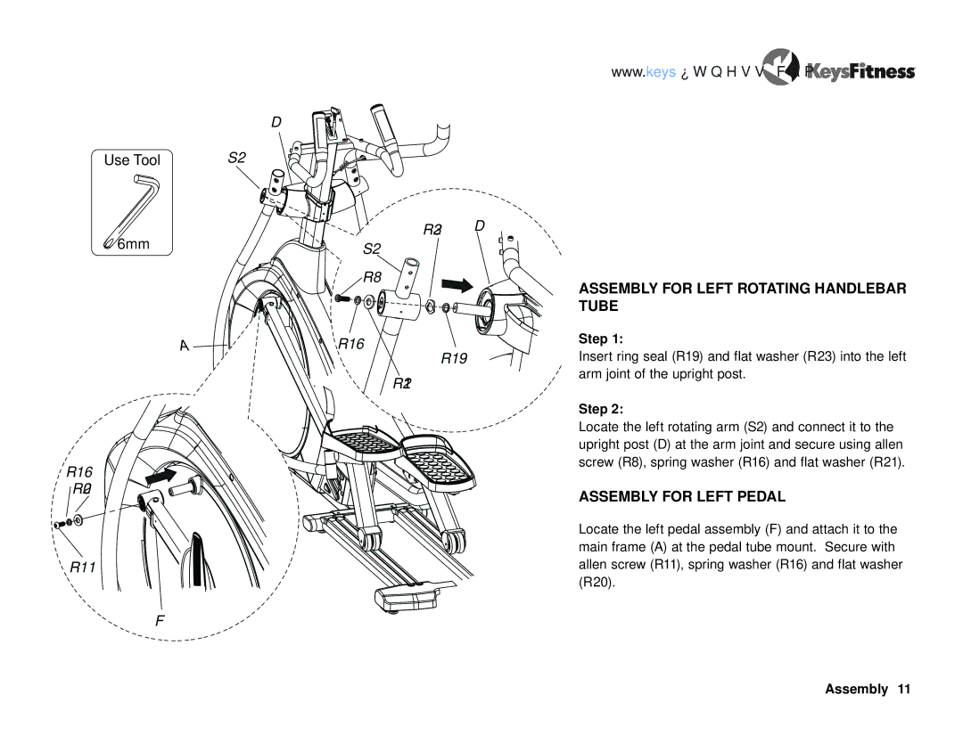 Keys Fitness KF-E4.0 owner manual Assembly for Left Rotating Handlebar Tube, Assembly for Left Pedal 