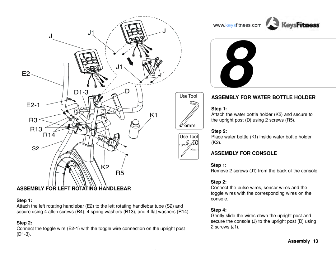 Keys Fitness KF-E4.0 Assembly for Left Rotating Handlebar, Assembly for Water Bottle Holder, Assembly for Console 