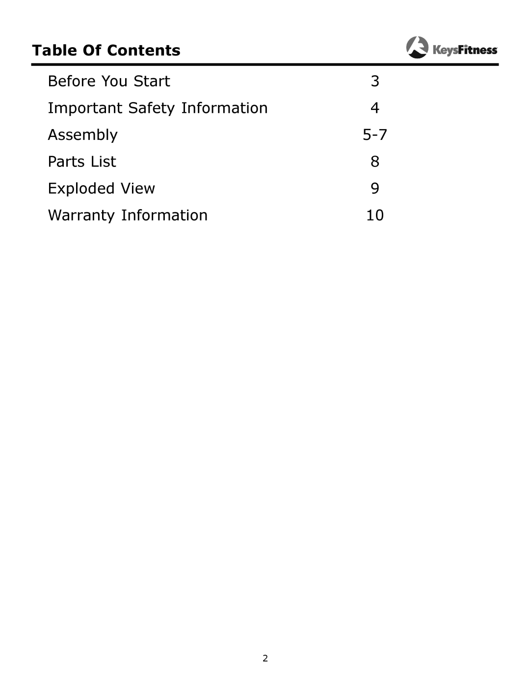 Keys Fitness KF-FB owner manual Table Of Contents 