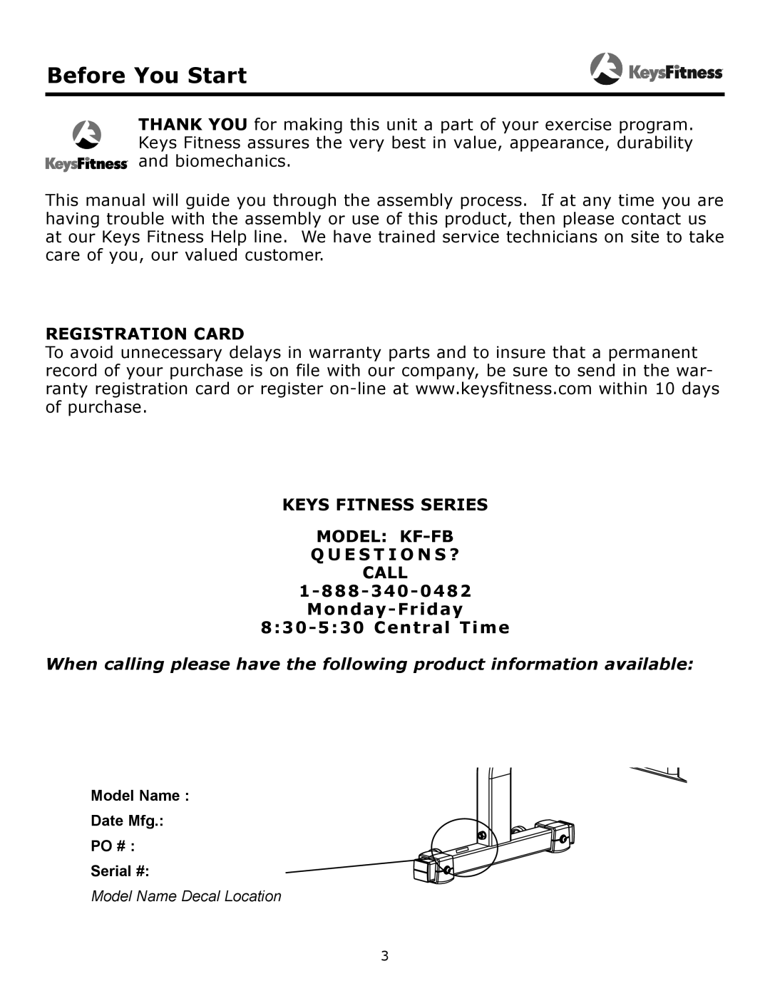 Keys Fitness KF-FB owner manual Before You Start 