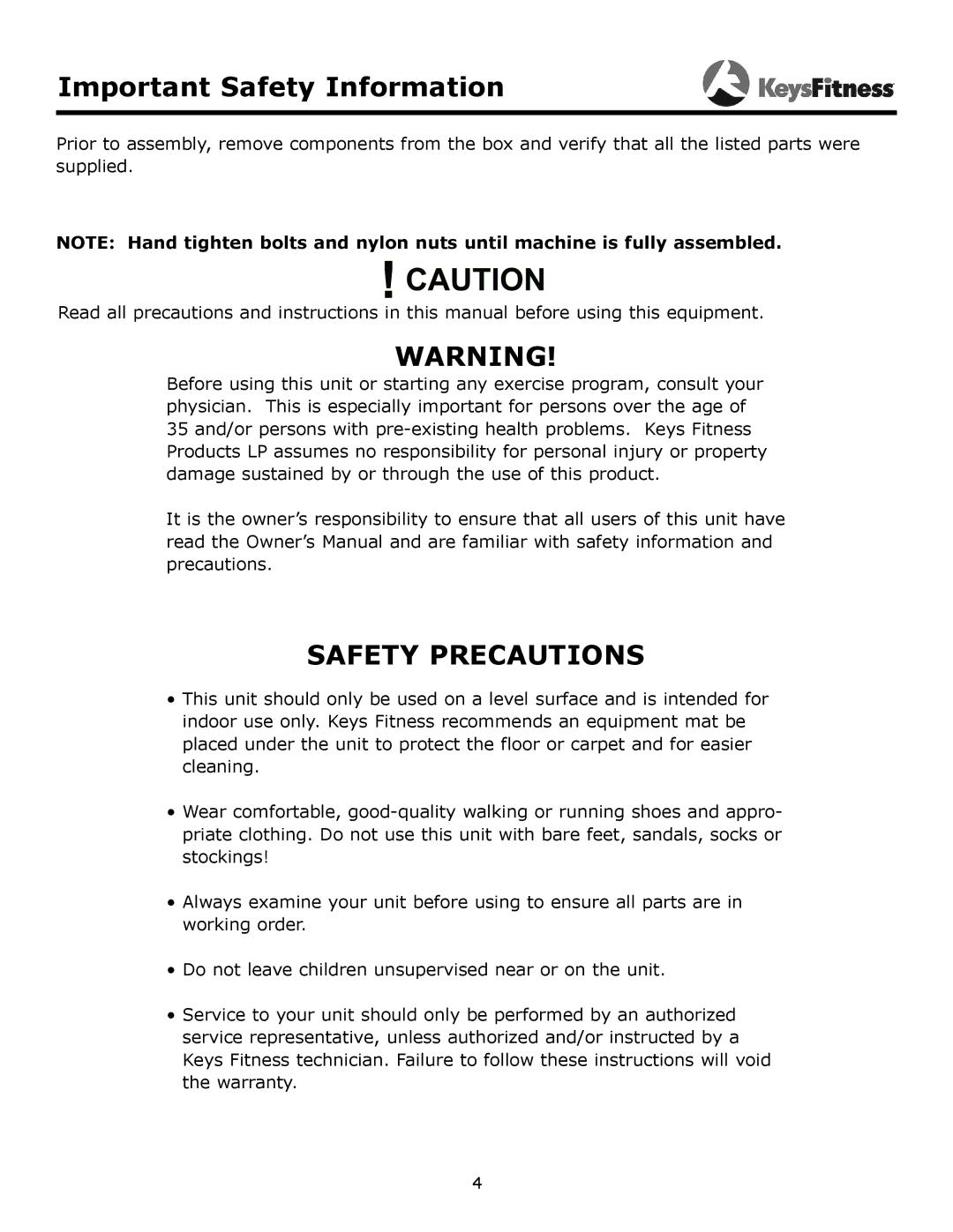 Keys Fitness KF-FI owner manual Important Safety Information, Safety Precautions 