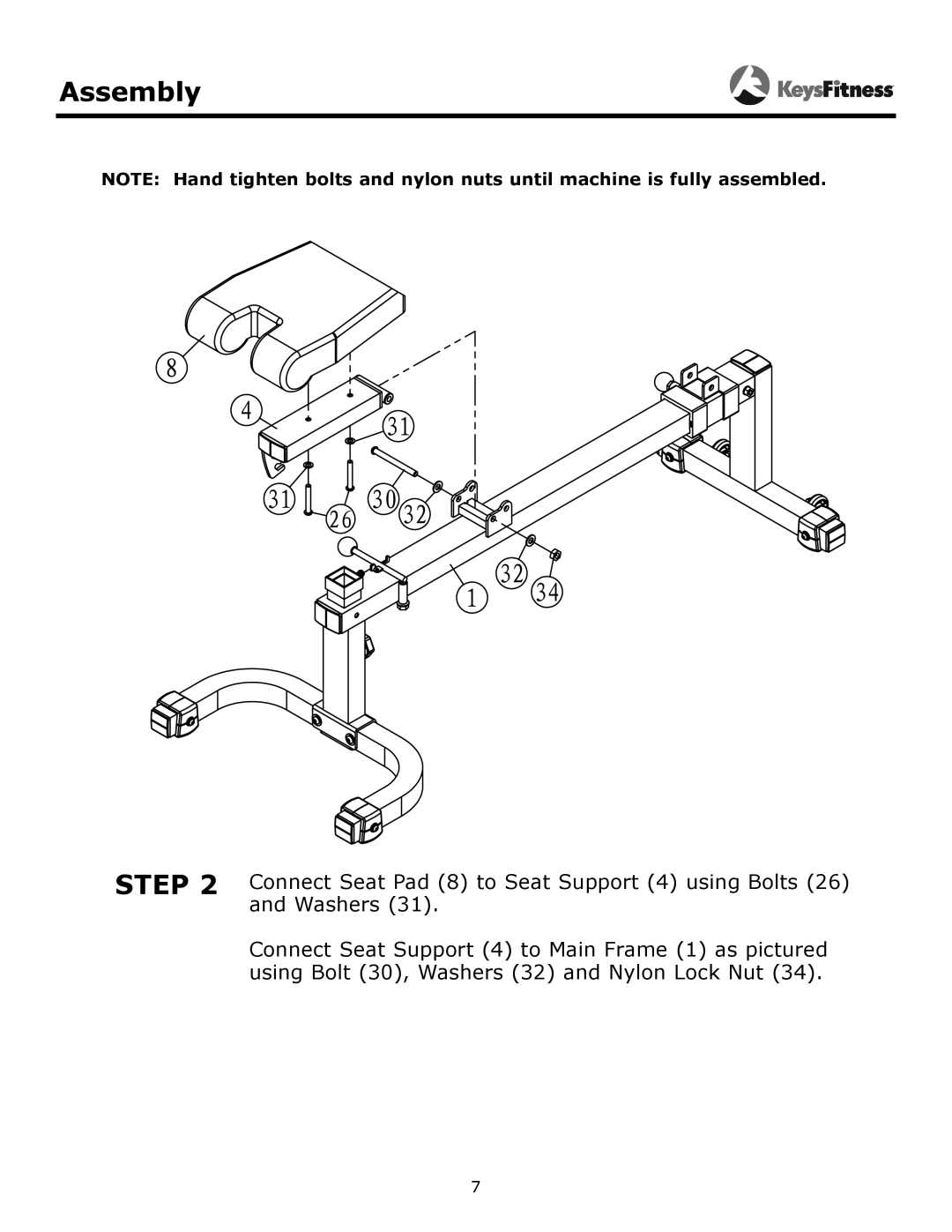 Keys Fitness KF-FI owner manual Connect Seat Pad 8 to Seat Support 4 using Bolts 