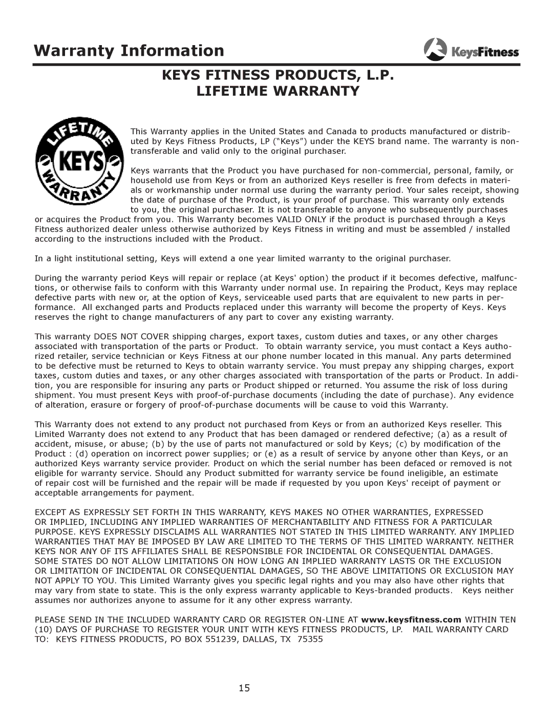 Keys Fitness KF-FT owner manual Warranty Information, Keys Fitness PRODUCTS, L.P Lifetime Warranty 