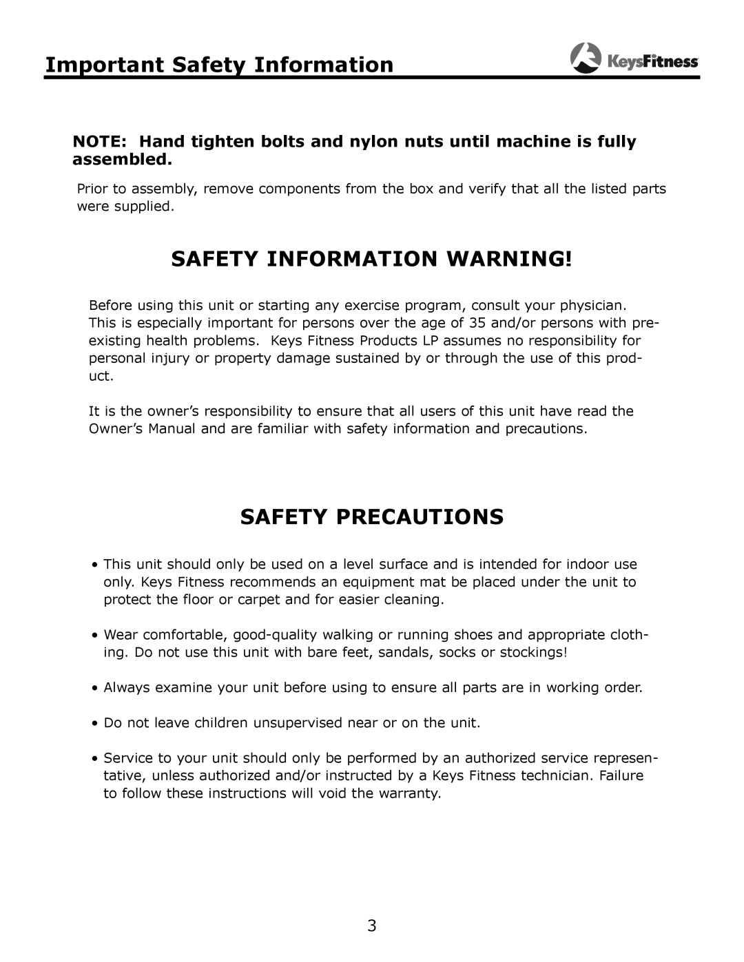 Keys Fitness KF-HCP owner manual Important Safety Information, Safety Information Warning 