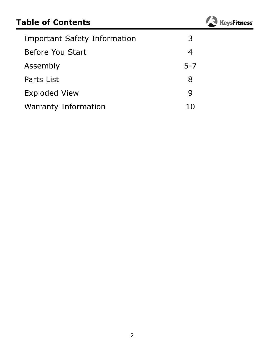 Keys Fitness KF-HCS owner manual Table of Contents 