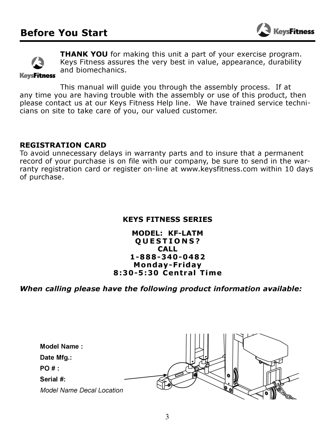 Keys Fitness KF-LATM owner manual Before You Start 