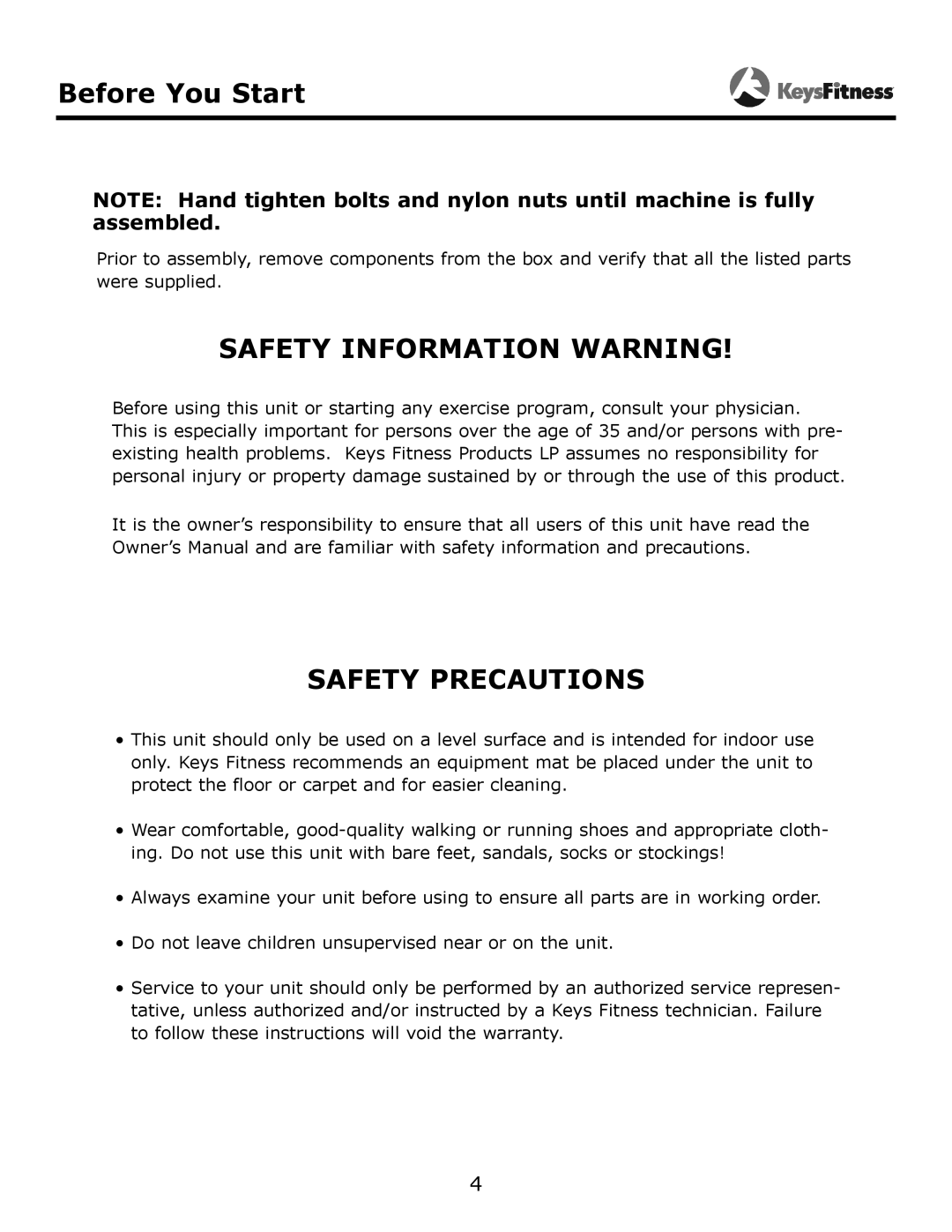 Keys Fitness KF-LEGA owner manual Before You Start, Safety Information Warning 