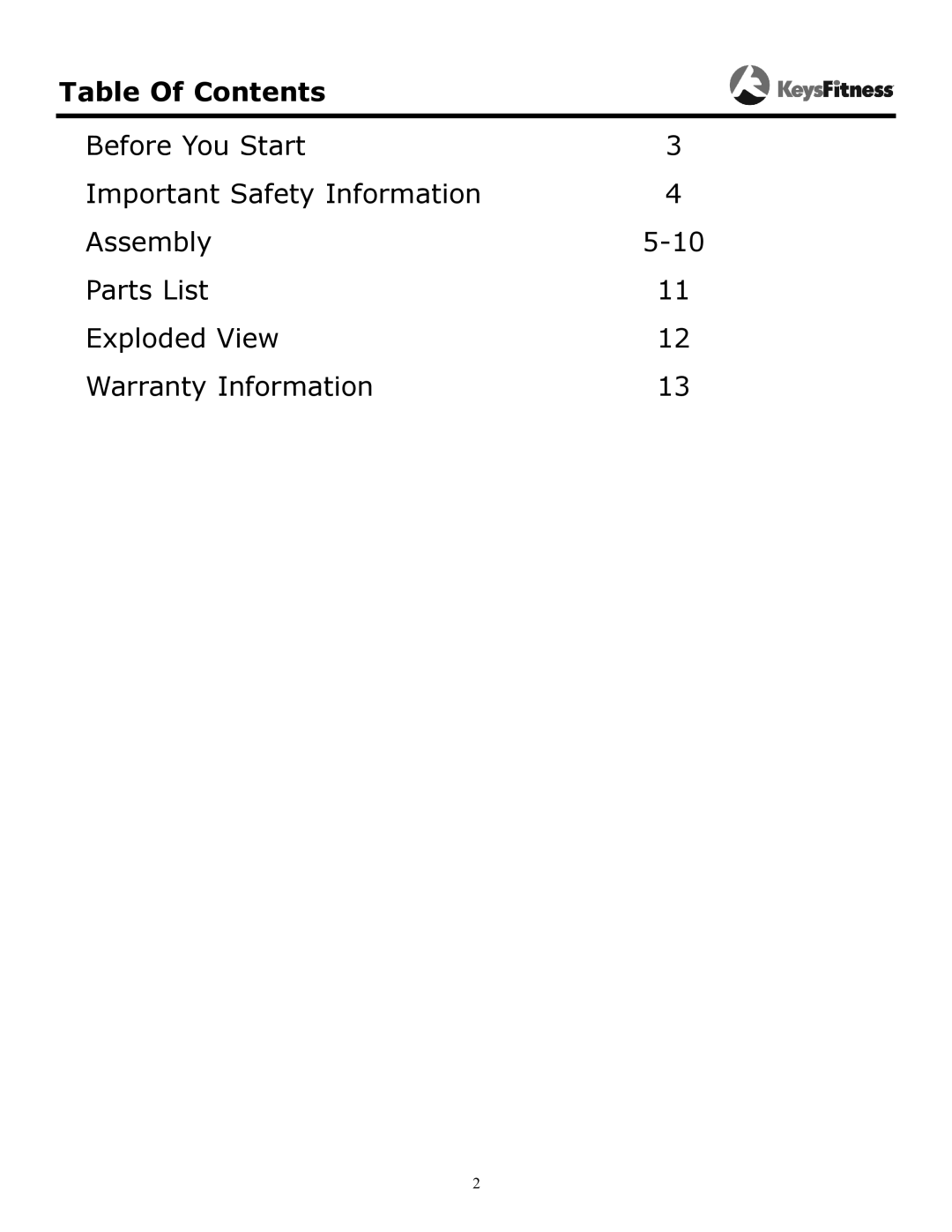 Keys Fitness KF-OB owner manual Table Of Contents 