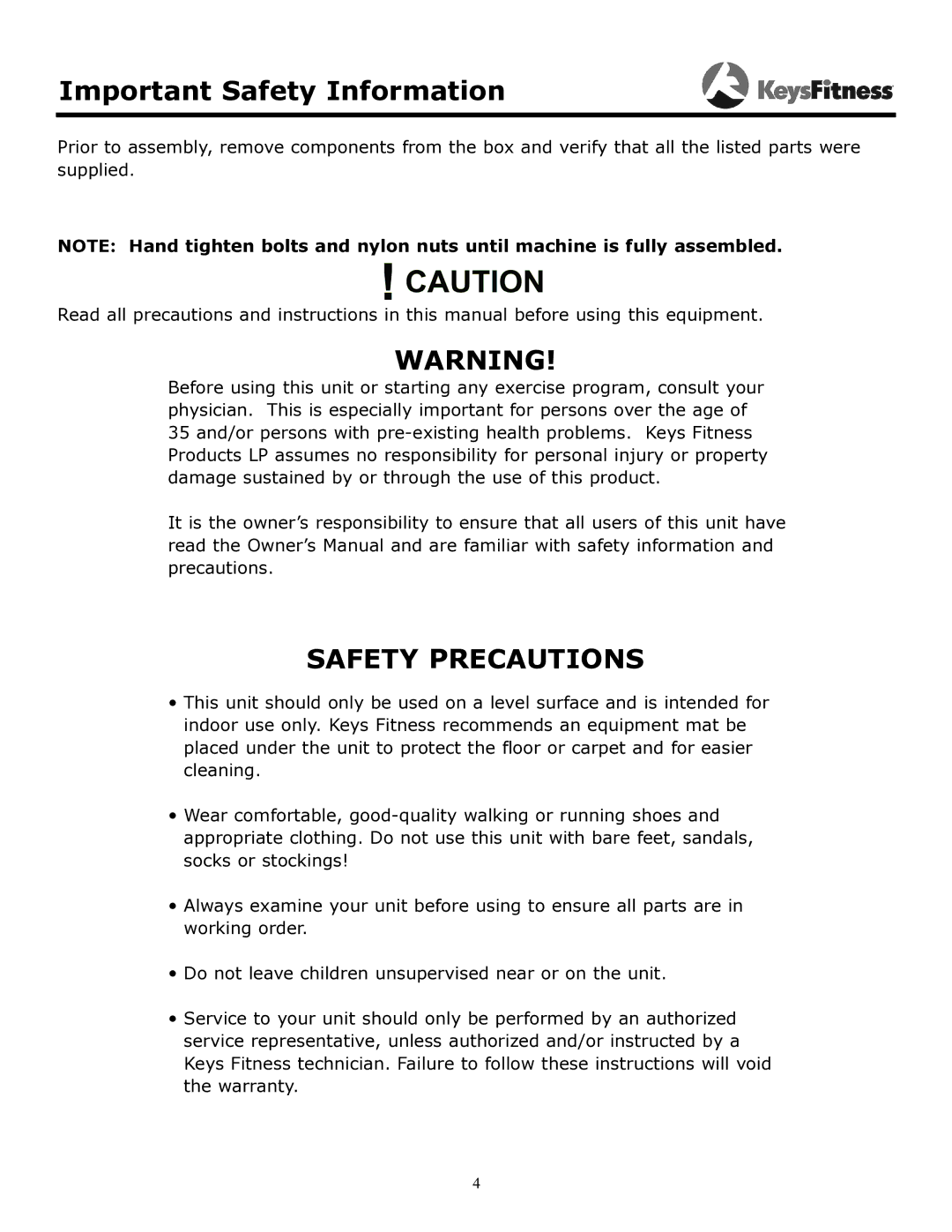 Keys Fitness KF-OB owner manual Important Safety Information, Safety Precautions 