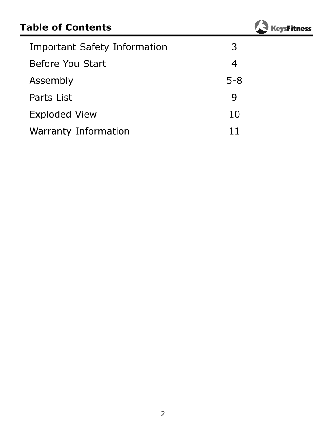 Keys Fitness KF-PC owner manual Table of Contents 