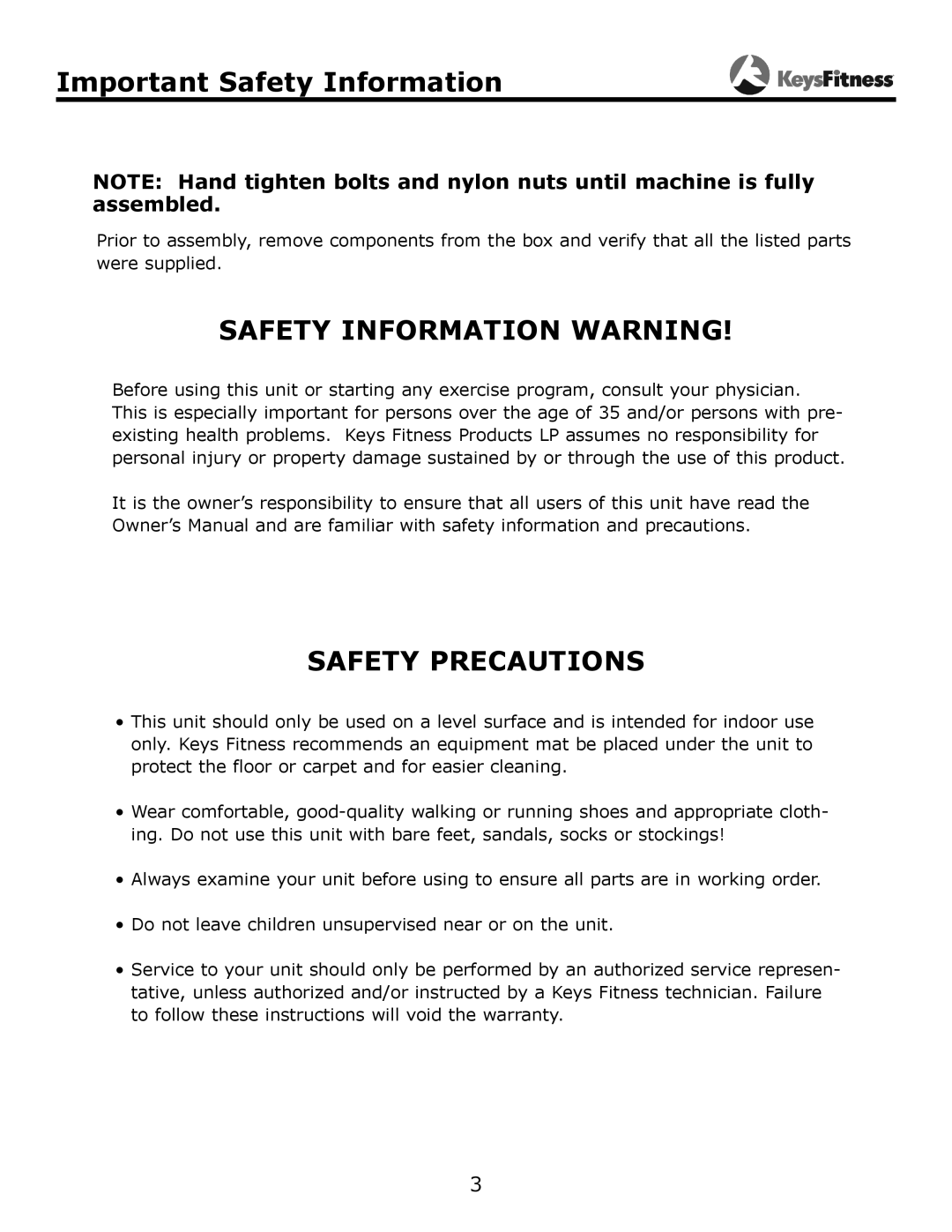 Keys Fitness KF-PC owner manual Important Safety Information, Safety Information Warning 