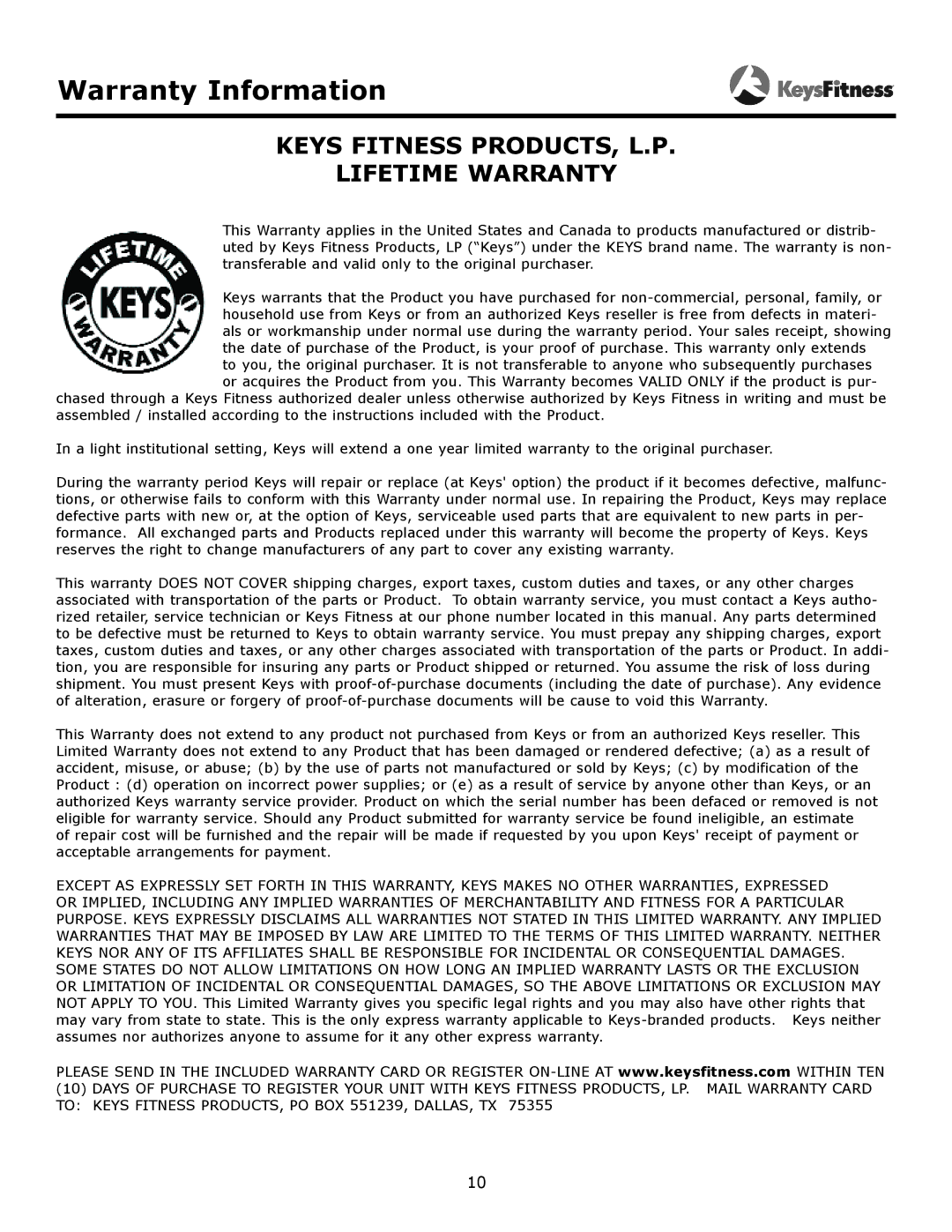 Keys Fitness KF-PTO owner manual Warranty Information, Keys Fitness PRODUCTS, L.P Lifetime Warranty 