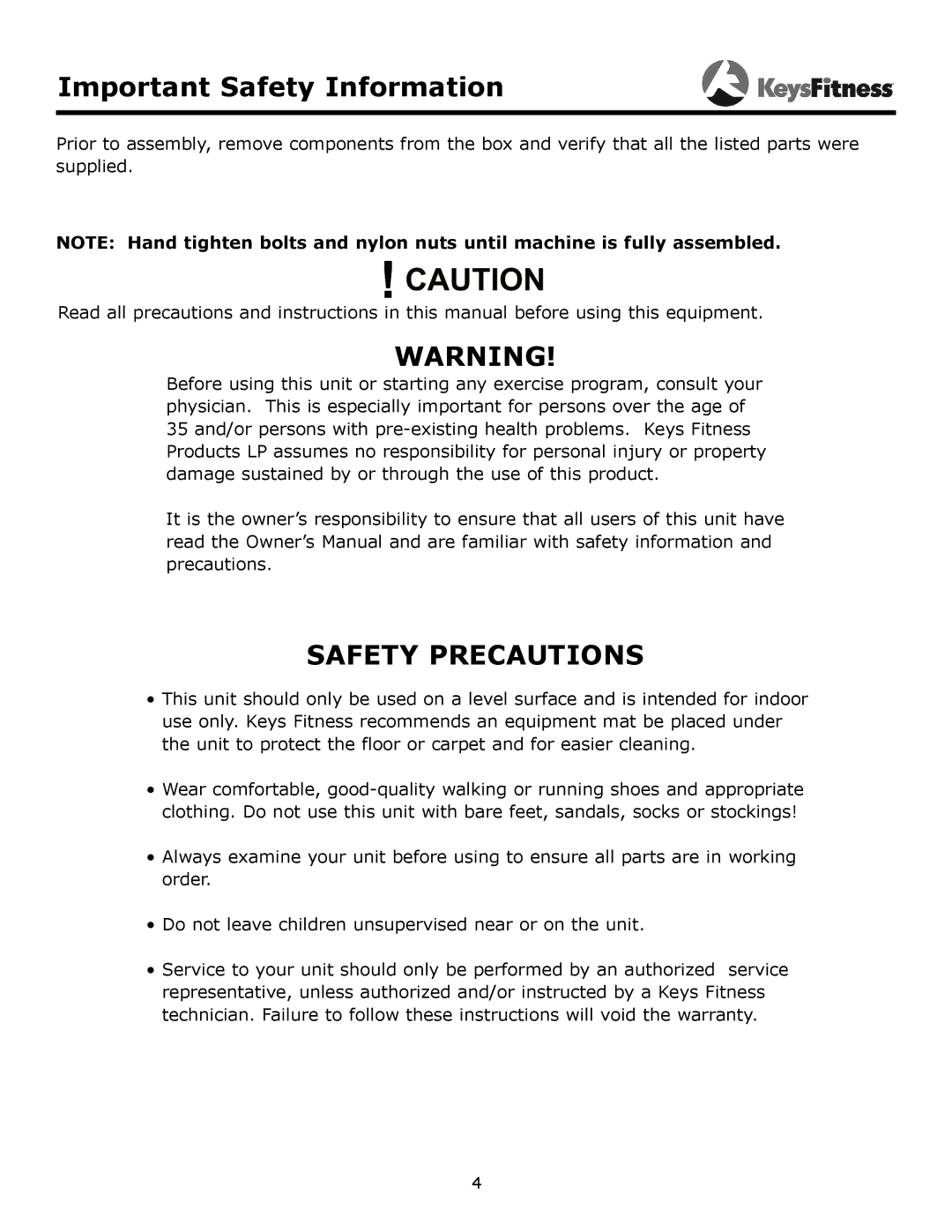 Keys Fitness KF-PTO owner manual Important Safety Information, Safety Precautions 