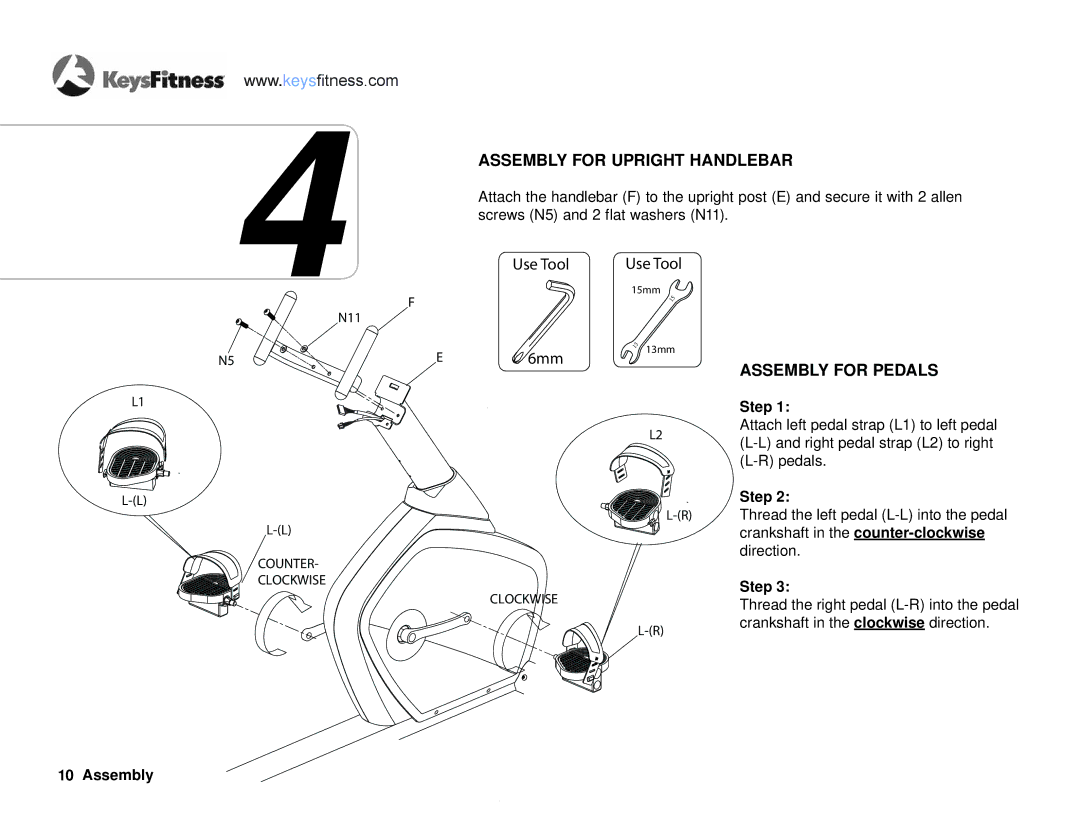 Keys Fitness KF-R2.0 owner manual Assembly for Upright Handlebar, Assembly for Pedals 