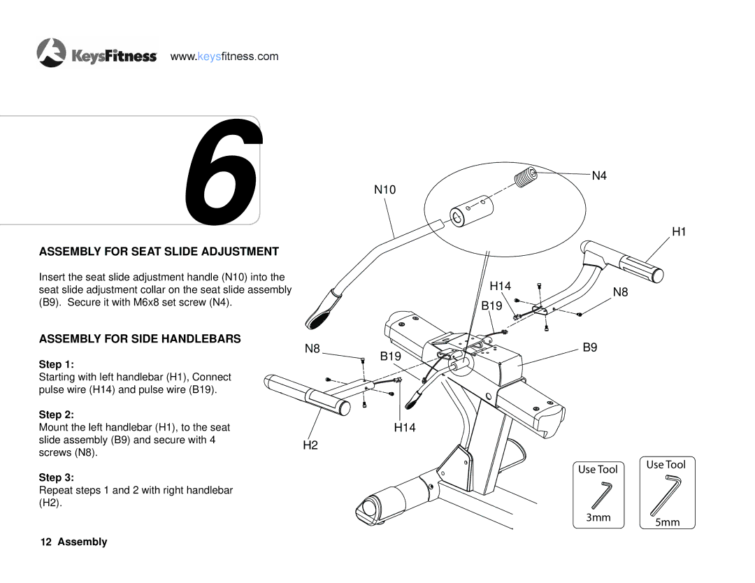 Keys Fitness KF-R2.0 owner manual Assembly for Seat Slide Adjustment, Assembly for Side Handlebars 